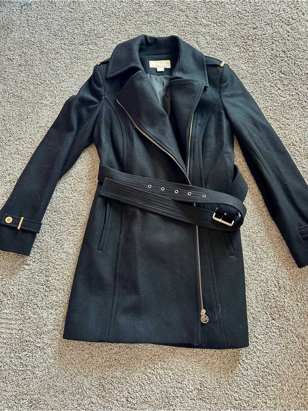 Michael Kors- Black Women's Wool Blend Belted Peacoat with gold accents